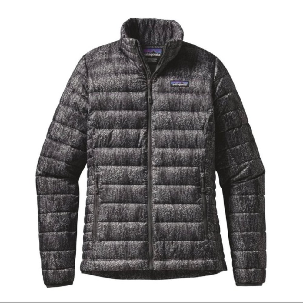 Patagonia women's down sweater full zip jacket Large Gray/Black/Forestland